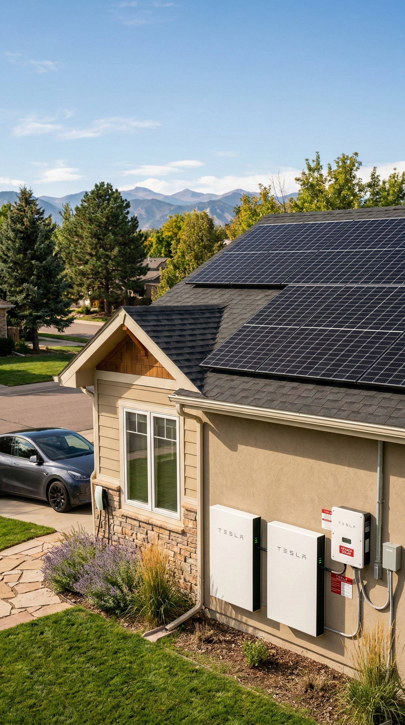 Residential house with solar panels on the roof, surrounded by trees and a mountain backdrop.
