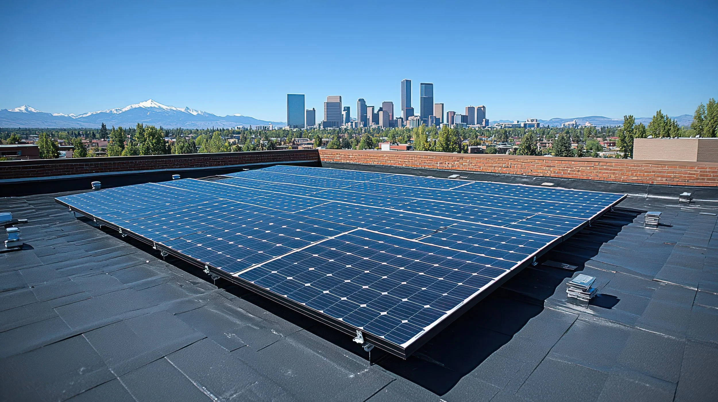 Solar panels installed on a rooftop with a city skyline and snow-capped mountains in the background under a clear blue sky.