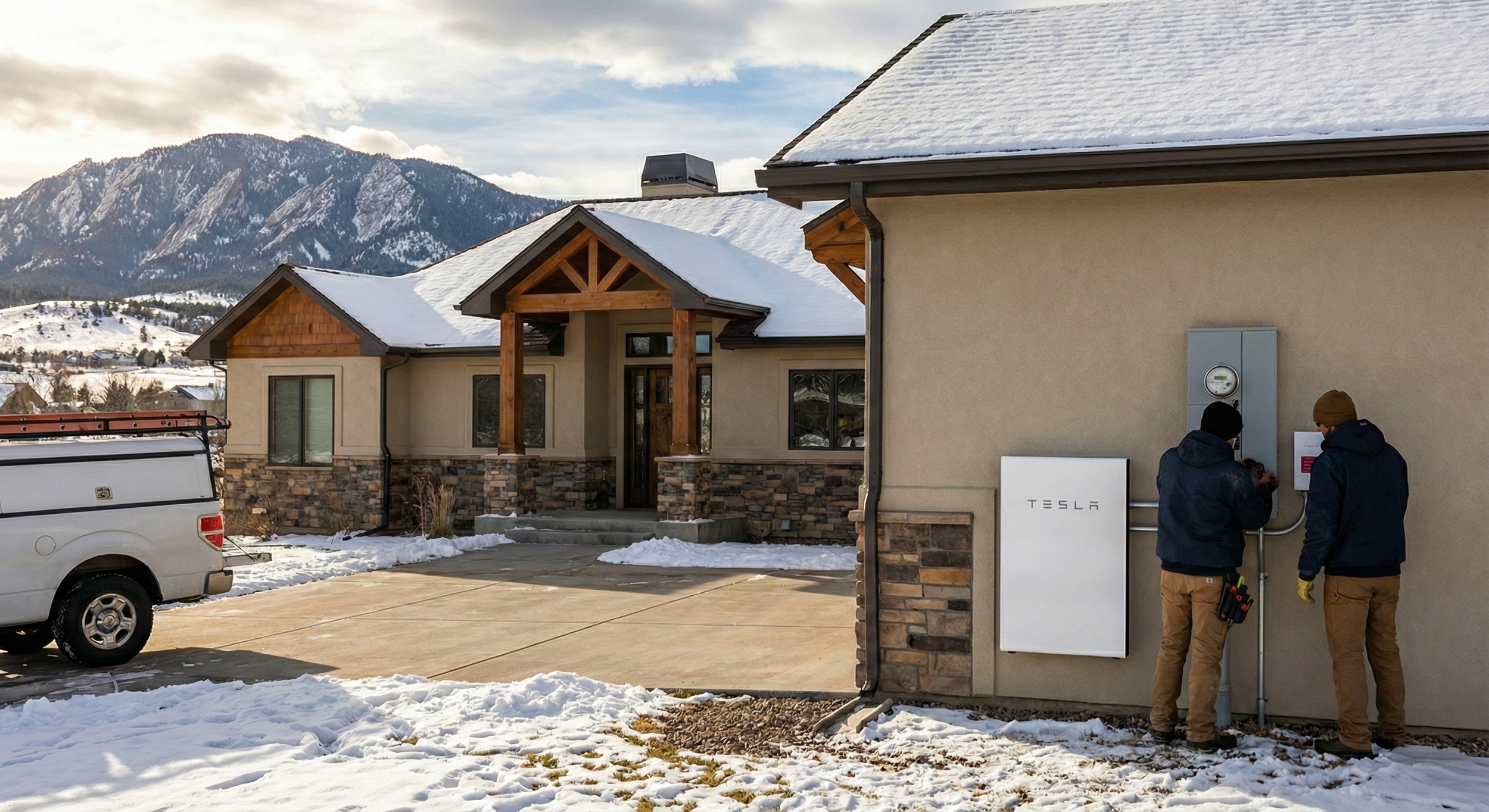 Two workers installing a Tesla Powerwall in the side of a house with snow on the ground and mountains in the background.