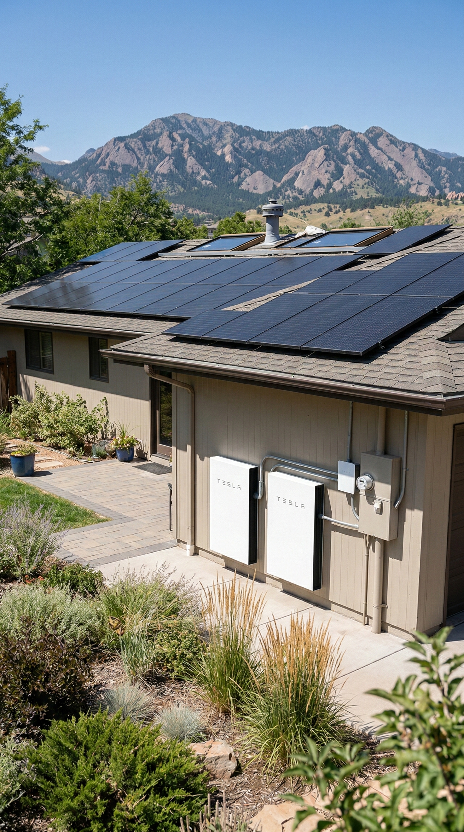 The image shows a house with solar panels installed on its roof, with a mountain range in the background. There are two Tesla power units and a gray electrical box on the side of the house, with a small garden in the foreground.
