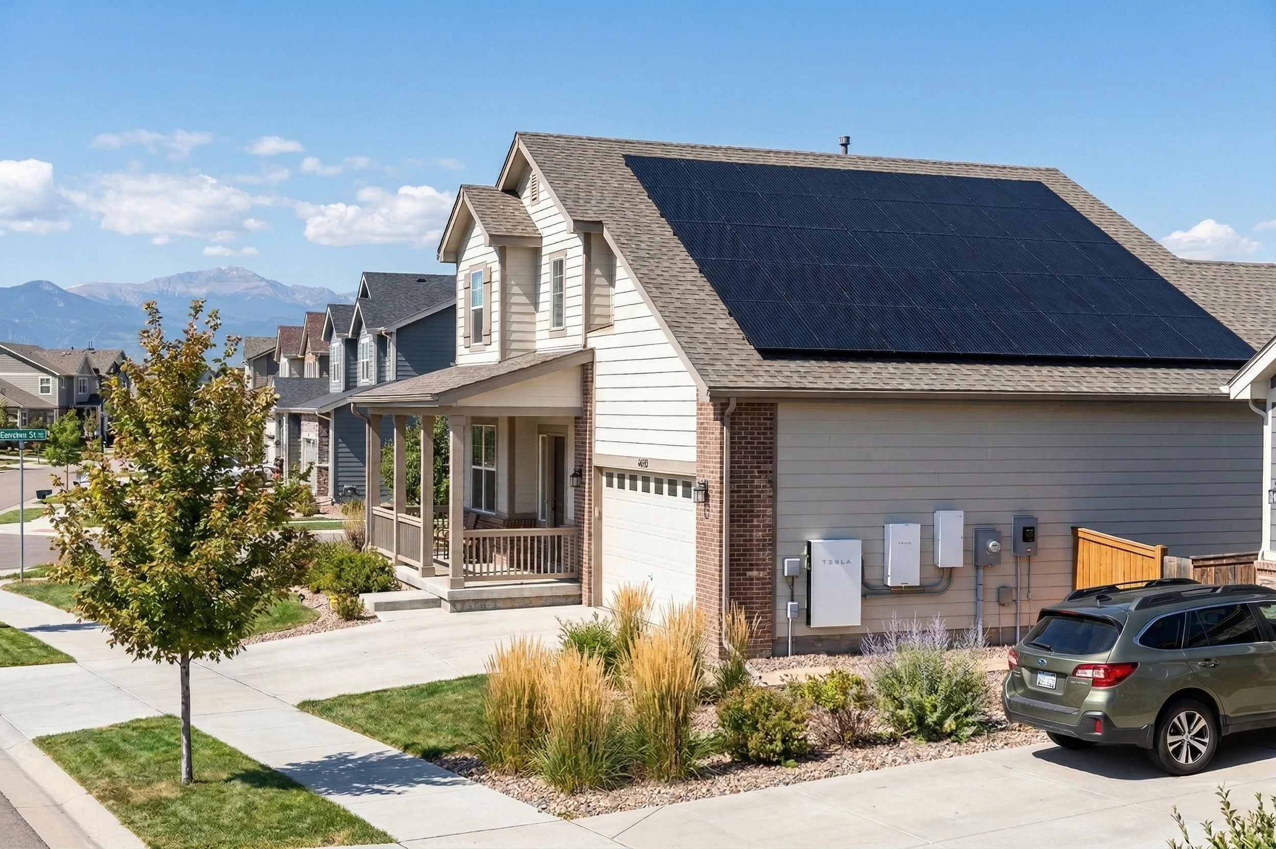 Suburban house with solar panels on roof, plants in front yard, parked SUV, clear sky, distant mountains.
