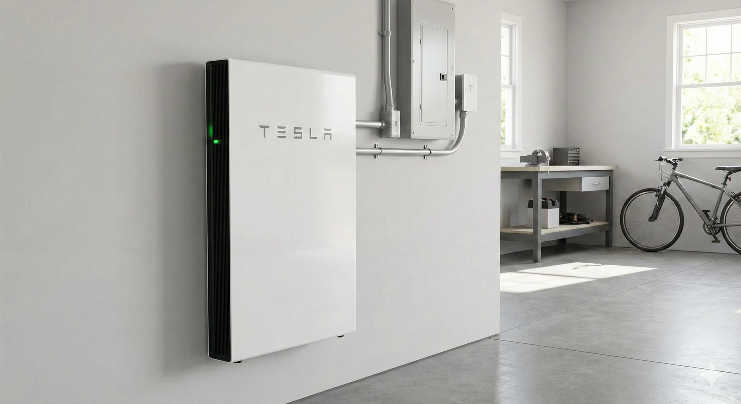 Tesla power inverter mounted on a white wall in a garage, with an electrical panel and toolbox, near a bicycle and windows.