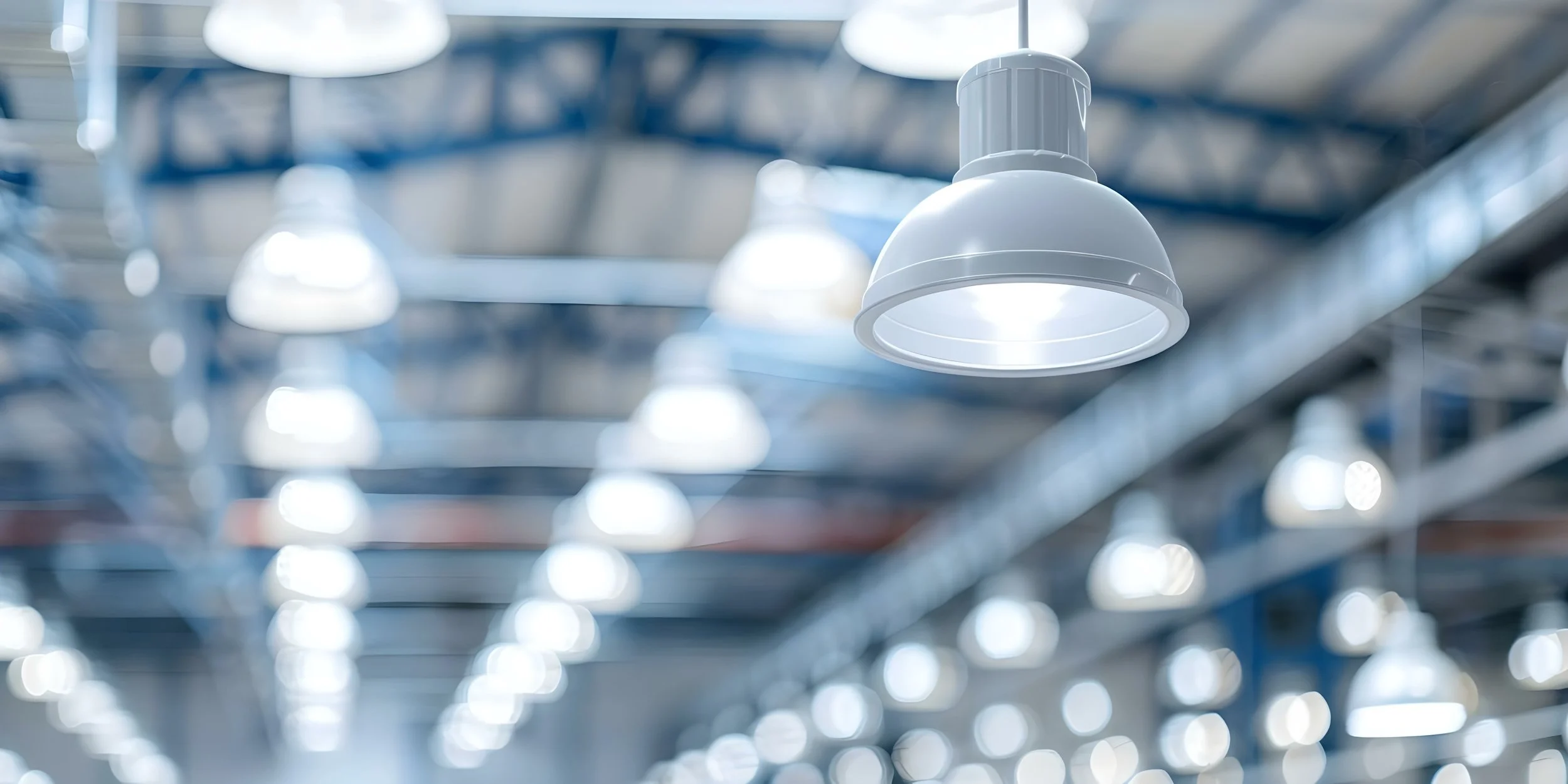Ceiling white industrial light fixtures in a well-lit warehouse or factory.