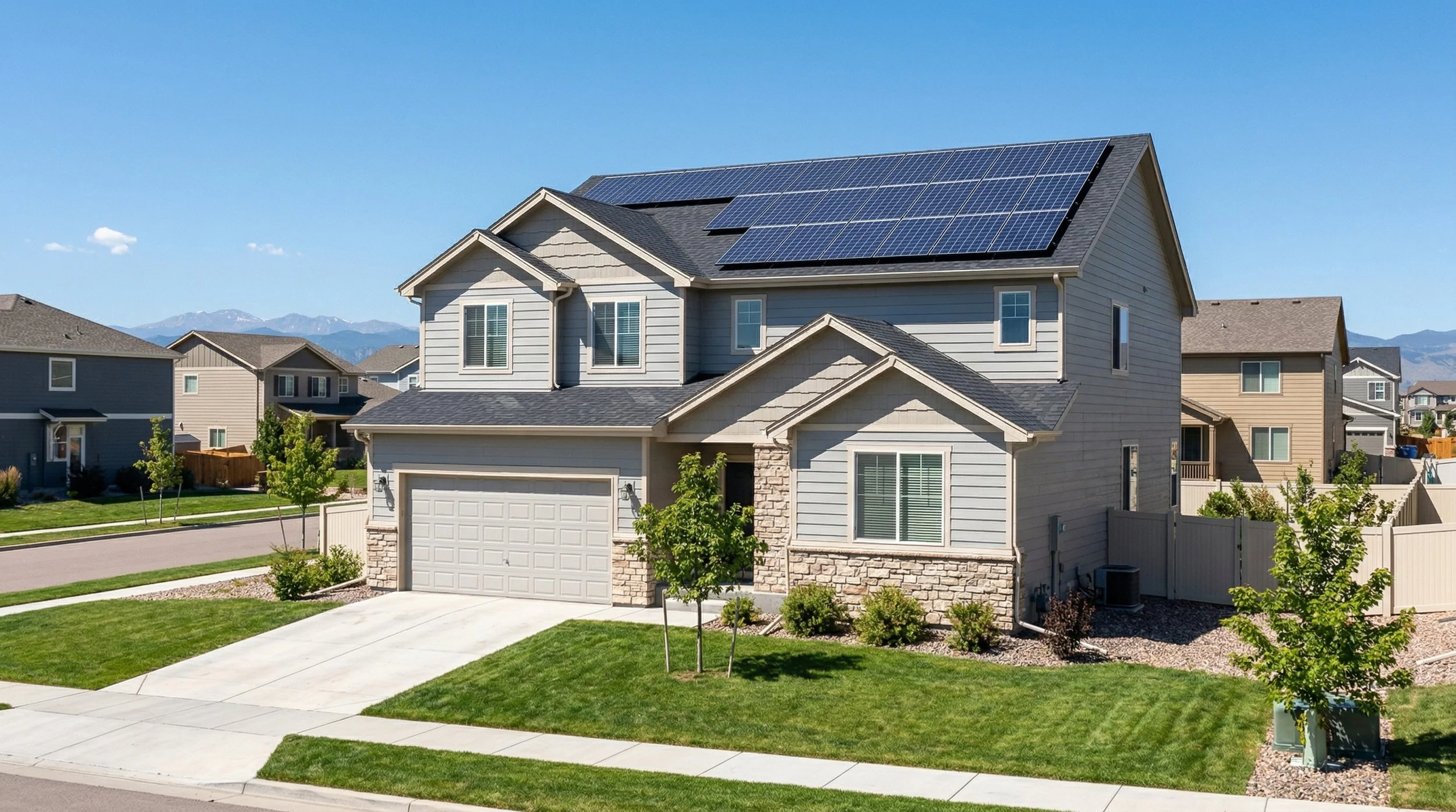 A modern two-story house with solar panels on the roof, a garage, and a well-maintained lawn in a suburban neighborhood with other similar houses and mountains in the background.