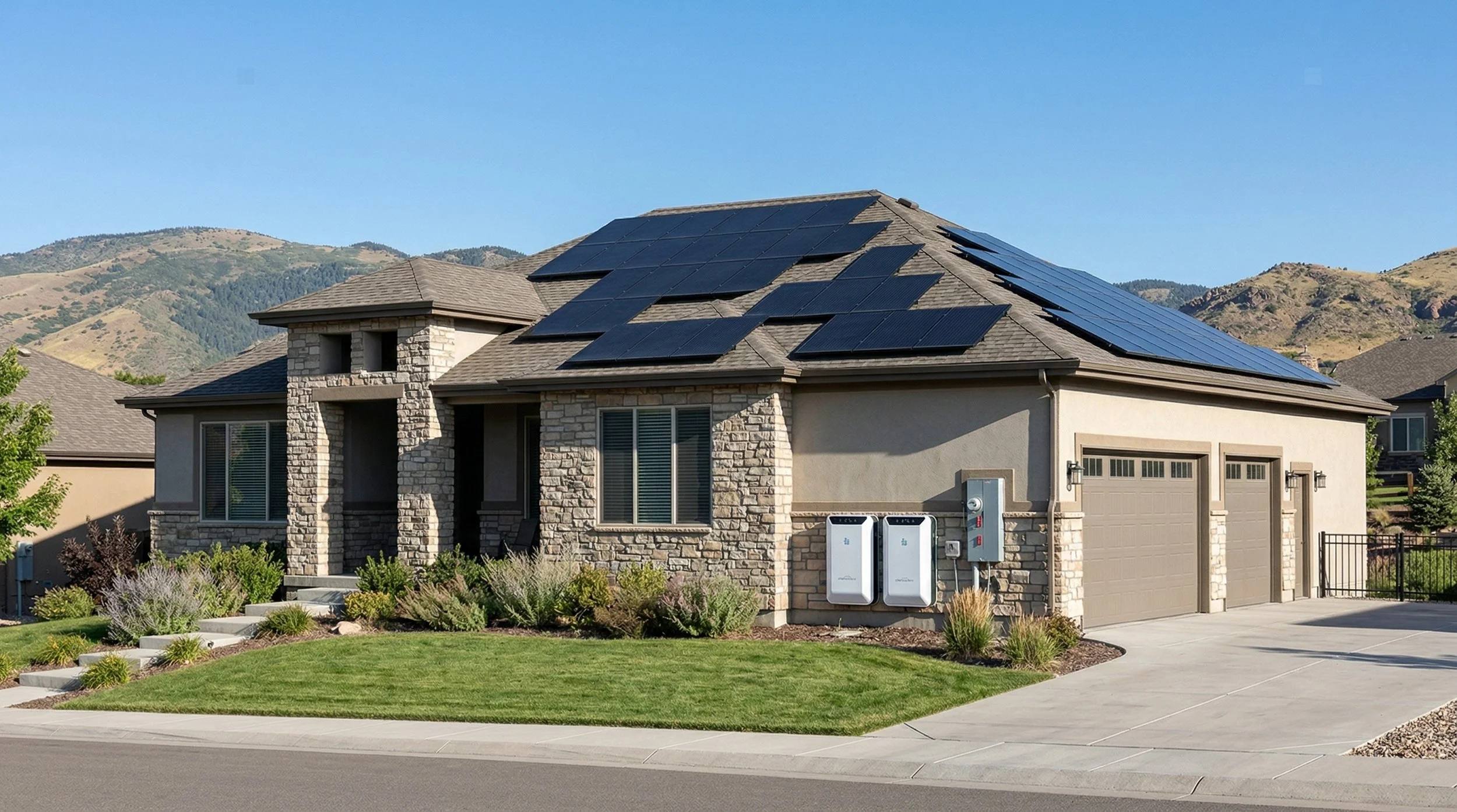 A modern house with solar panels on the roof, stone and stucco exterior, well-maintained lawn, and a paved driveway.