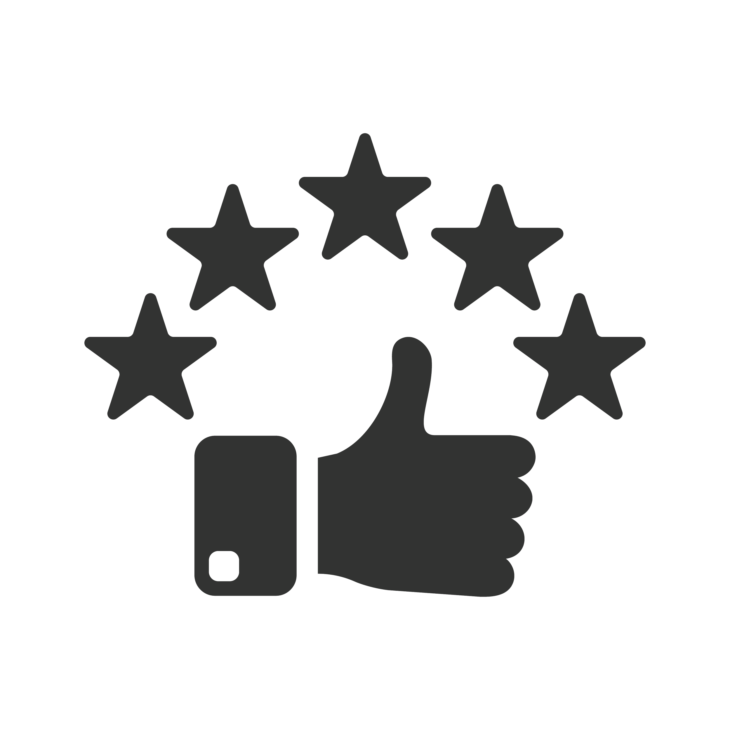 A thumbs-up hand with a wristband, surrounded by six stars representing a high rating or quality.