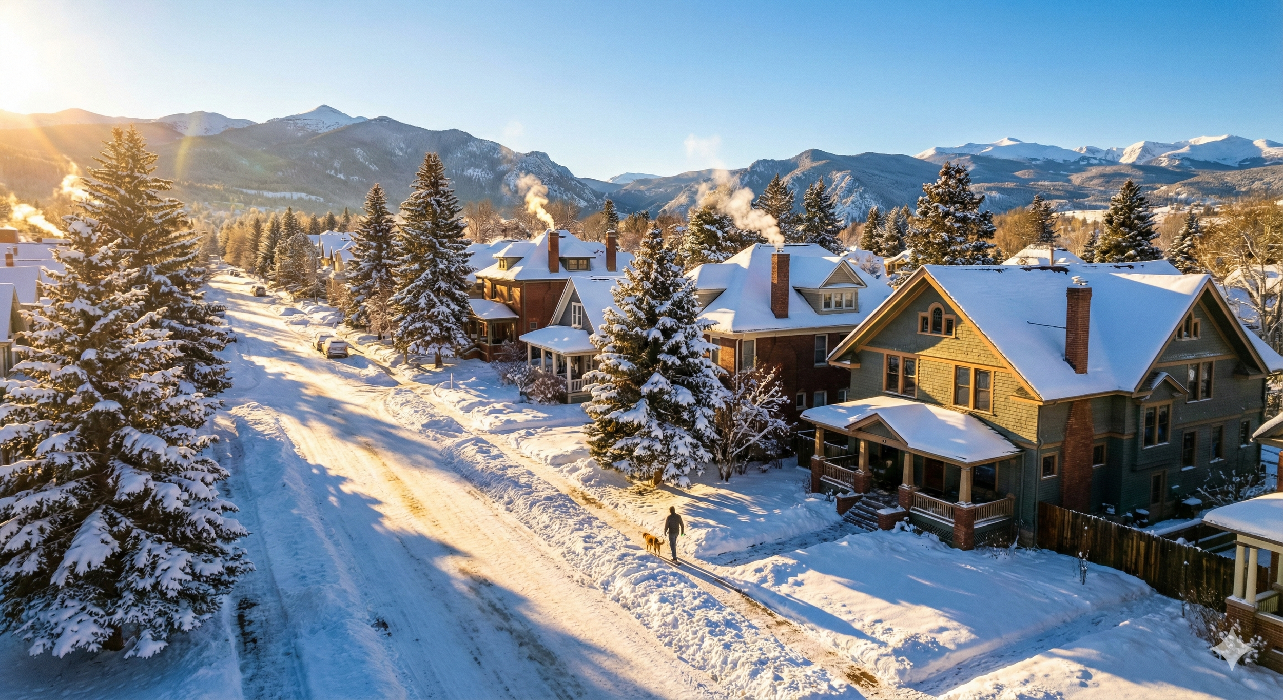 Snow-covered houses along a street in a mountainous area at sunset, with a person walking dogs on the sidewalk.