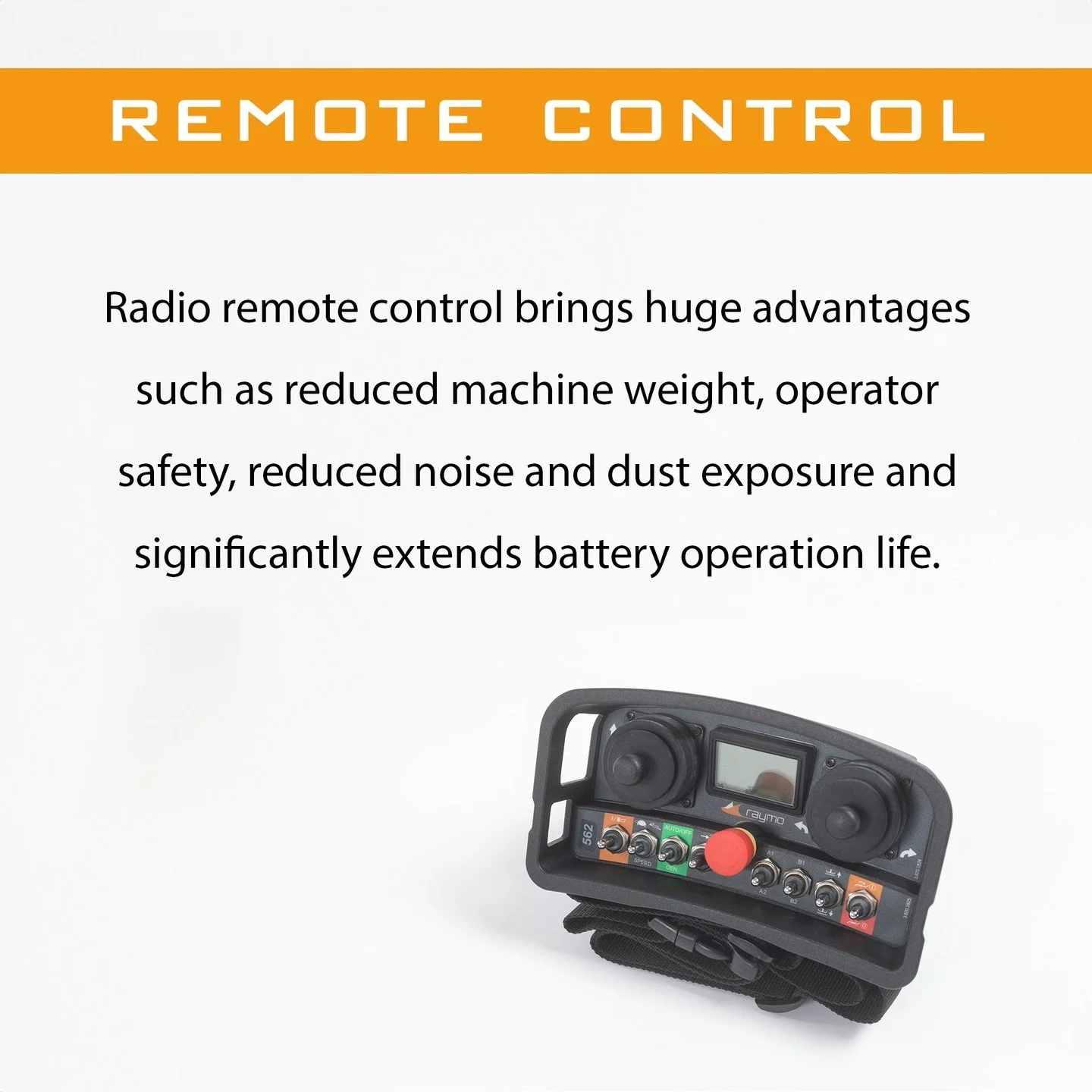 Take control of mowing like never before!
The Raymo Remote-Controlled Electric Mower puts you in charge from a safe distance - no slopes, no stress, just smart mowing.

🟠	Safety first: Stay clear of hazards and steep terrain.
🟠Effortless control: P