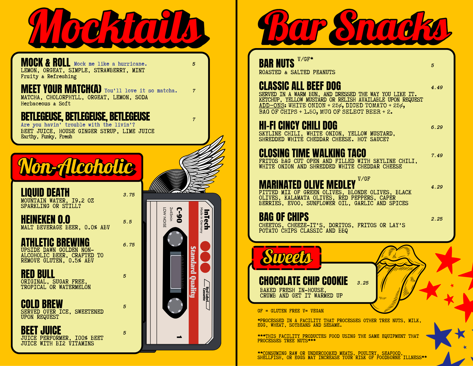 Menu featuring mocktails and bar snacks, with list of options including mock & roll, meet your matcha, beetlejuice, and non-alcoholic drinks like liquid death and athletic brewing; bar nuts, classic all beef dog, and high-fi cincy chili dog, plus a closing time walking taco, marinated olive medley, bag of chips, and a sweet section with chocolate chip cookie. Colorful background with stars and a cassette tape illustration.