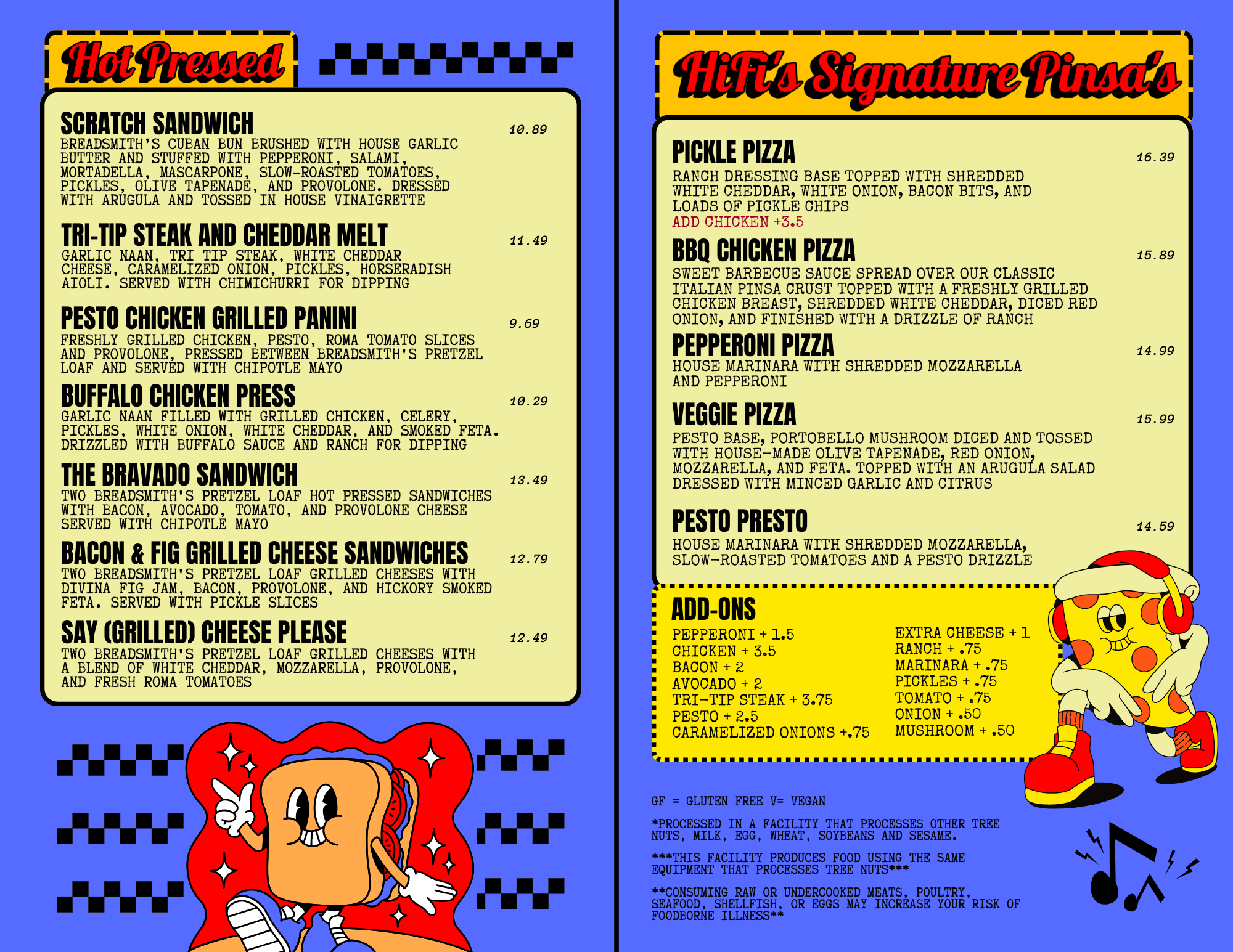 Restaurant menu featuring hot pressed sandwiches and signature Pinsa pizzas, with colorful cartoon characters and a bright background.