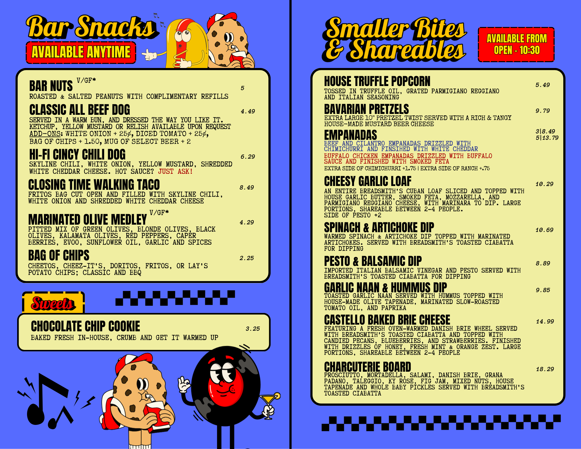 Menu for a snack shop featuring sections for bar snacks and shareable bites, with items like roasted salted peanuts, classic beef hot dog, chili dog, walking taco, olive medley, chips, and chocolates, with colorful cartoon characters of a hot dog and a cookie.