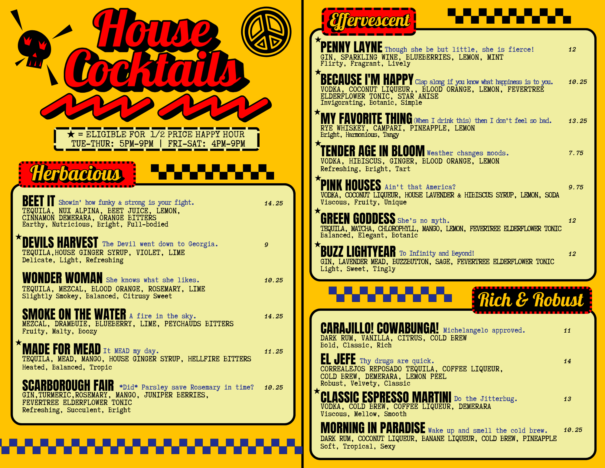 Cocktail menu at Hi-Fi Cincinnati featuring craft drinks, happy hour specials, and a full bar in Mt. Adams