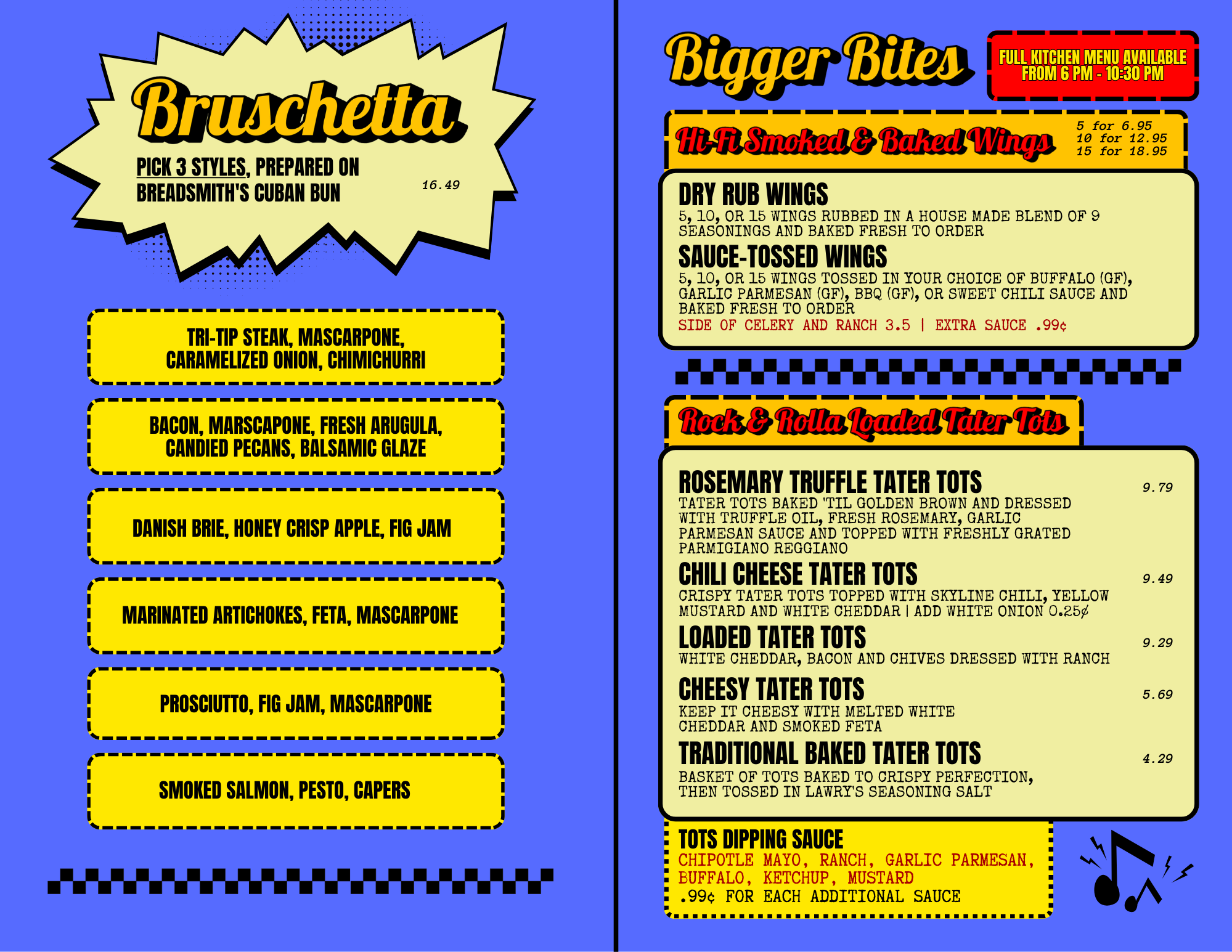 Menu featuring a list of food options including bruschetta, various wing flavors, loaded tater tots, and dipping sauces. Bright colors and bold fonts highlight different sections of the menu.