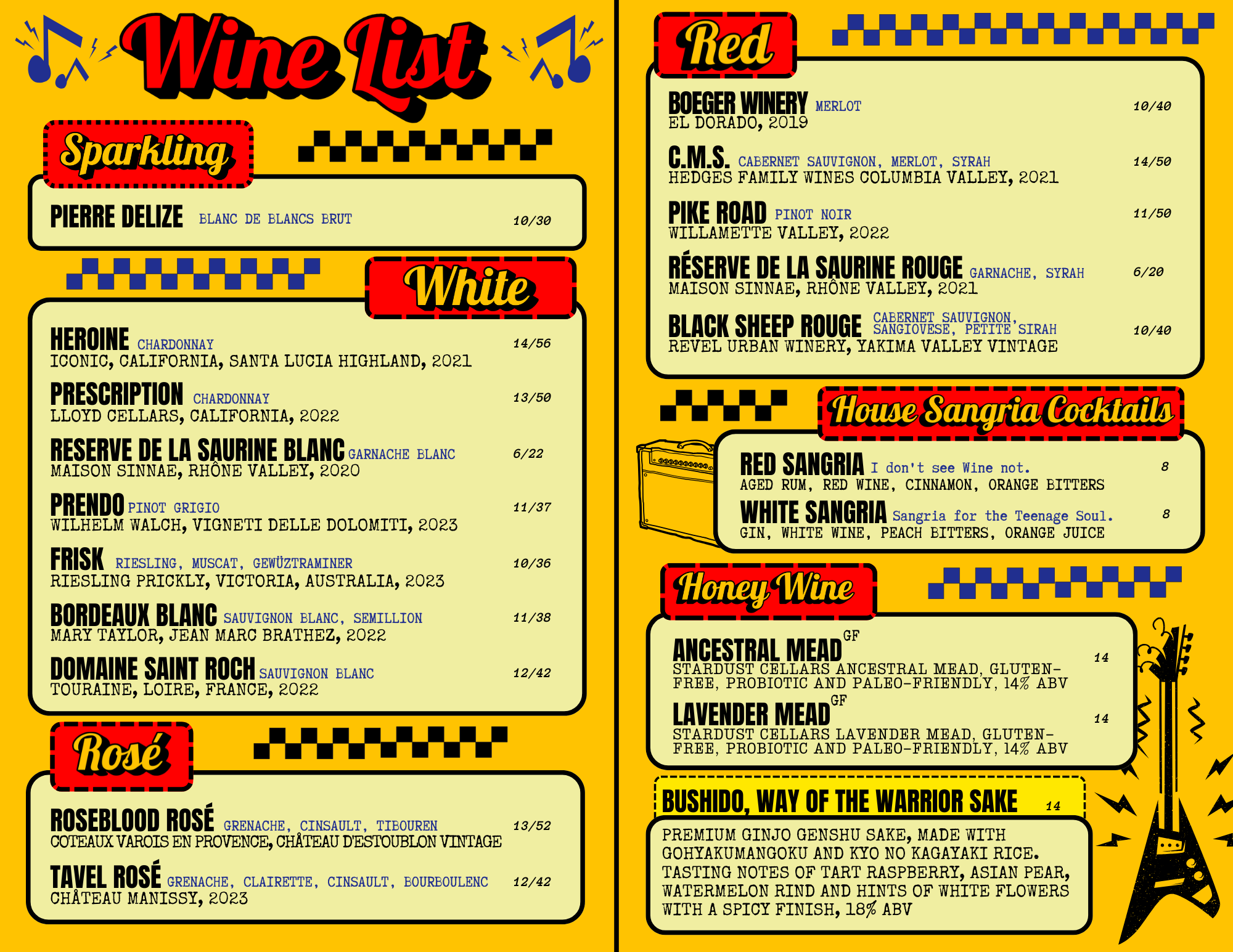 Colorful wine list menu with sections for Sparkling, White, Red, Rosé, Honey Wine, and House Sangria Cocktails, featuring various wine options, descriptions, and prices. Wine list at Hi-Fi Cincinnati showcasing house wines and drink options available