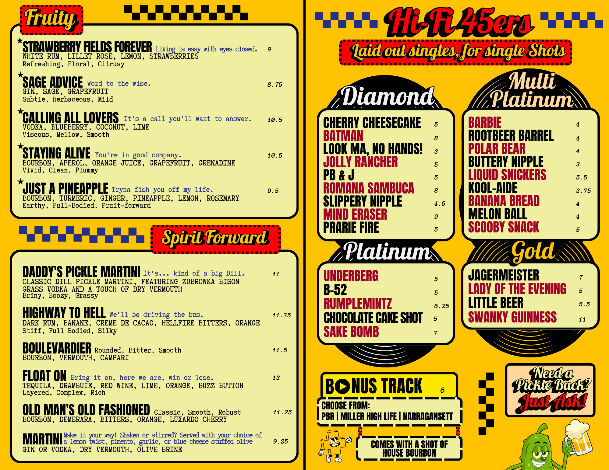 Yellow and black menu with multiple sections listing cocktails and their ingredients, featuring a colorful design with checkered patterns, cartoon character, and bold fonts. Titles include Fruity, Spirit Forward, Hi-Fi 45ers, Multi Platinum, Platinum, and Gold.