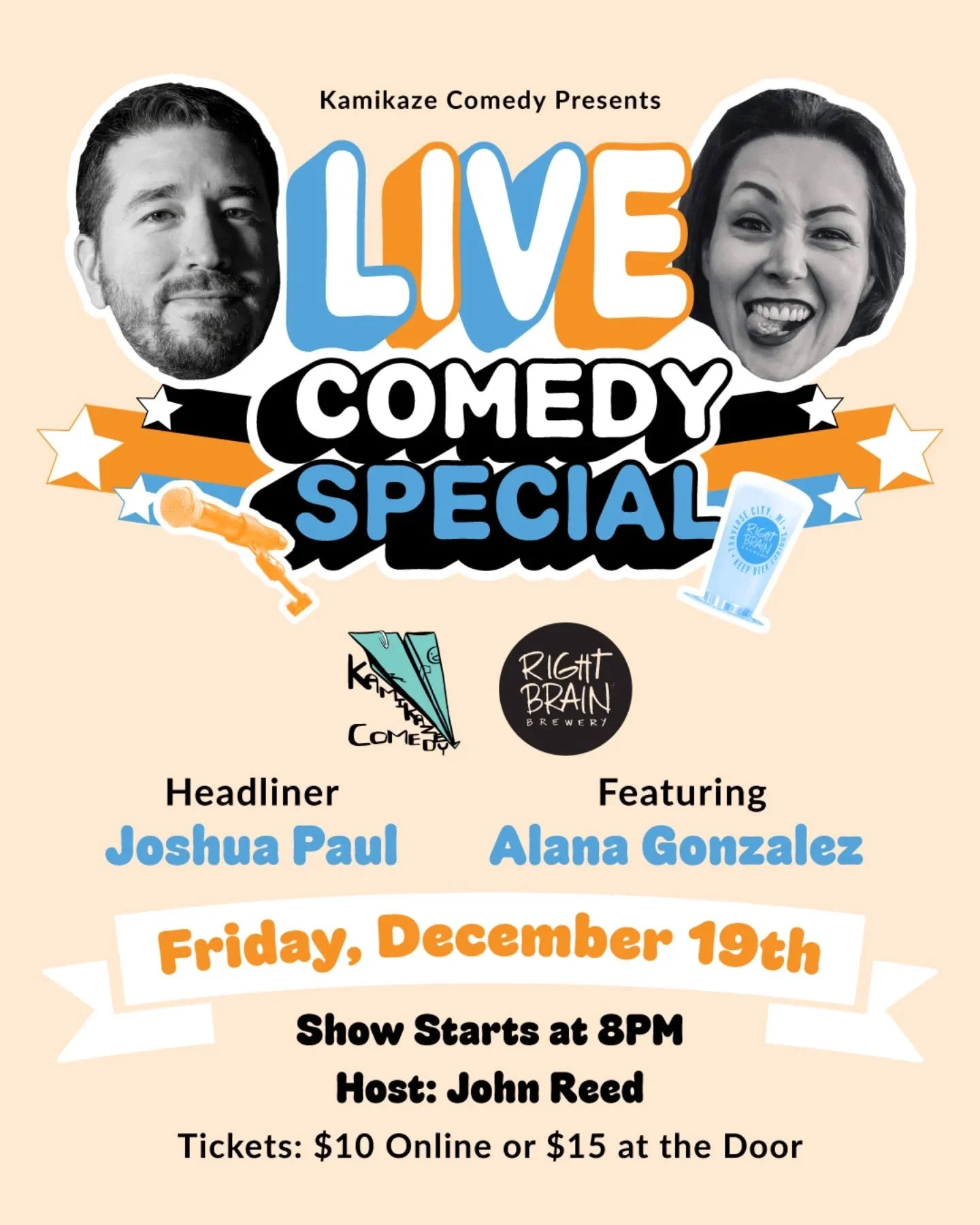 Fun Comedy Show graphic for Kamikaze Comedy at Right Brian Brewery on Dec 19. Always glad to work on a comedy poster 🔥