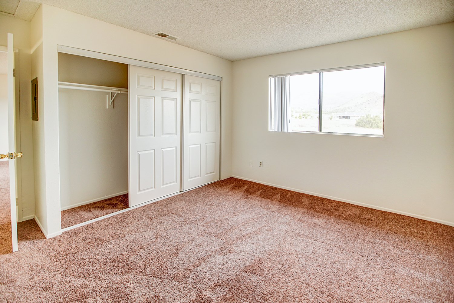 This image includes a look into a bedroom with carpeted flooring, a sliding closet, and a large window.