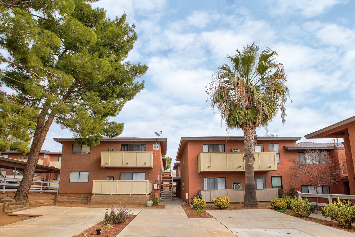 This image shows the two-story buildings featuring balconies and walkways framed by a large tree and a tall palm tree.
