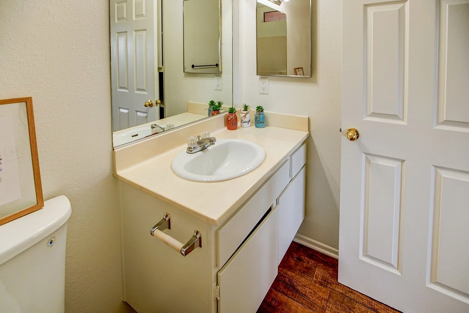 This image features a bathroom interior with a white vanity cabinet, a large mirror, and wood-look flooring next to a paneled door.