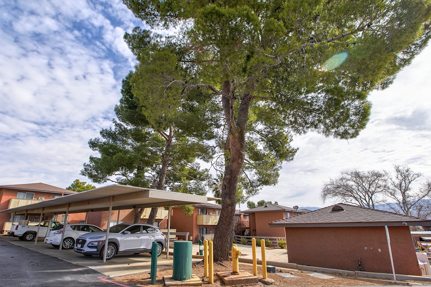 This image shows the parking structure with awnings to cover the vehicles, with the building in the background and trees.