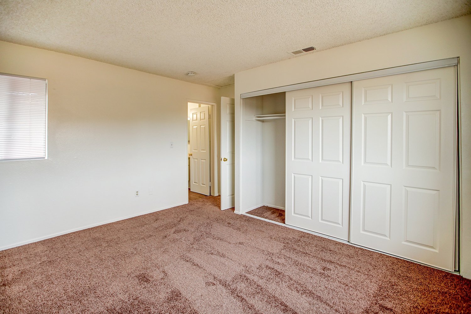 This image includes a look into a bedroom with carpeted flooring, a sliding closet, and a large window.