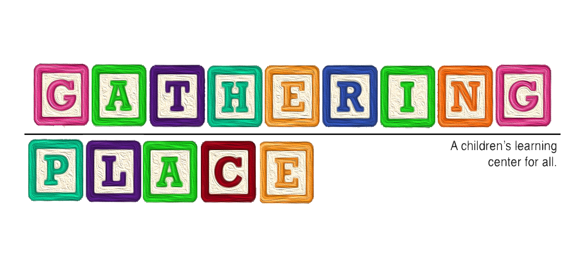 Colorful children's alphabet blocks spelling out "GATHERING PLACE" with additional blurred text on the right