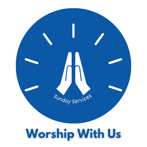A blue circular logo with a clock face, hands in a prayer position, and the text 'Sunday Services' and 'Worship With Us'.