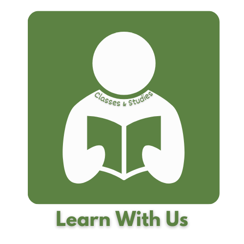 Green square icon with white silhouette of a person reading a book, with the words 'Classes & Studies' curved above the head, and 'Learn With Us' below.