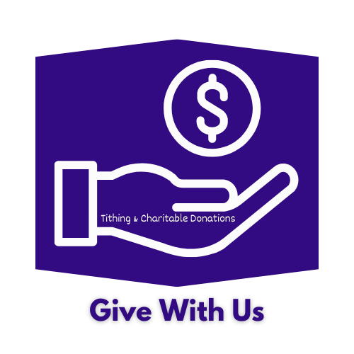 A graphic with a purple background featuring a white hand holding a dollar sign coin and the words "Tithing & Charitable Donations." Below, it says "Give With Us."