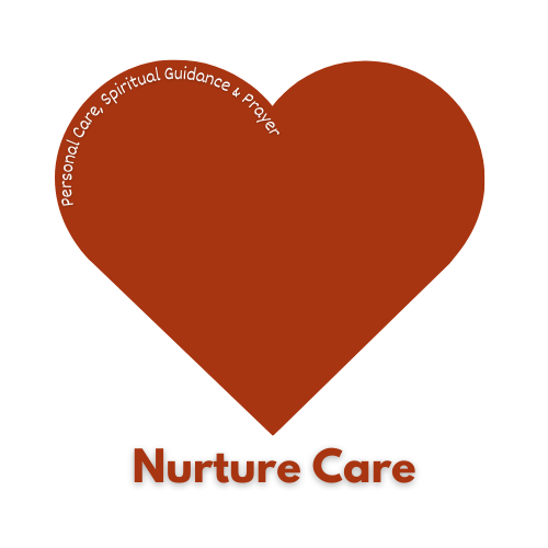 A brown heart with the text 'Personal Care, Spiritual Guidance & Prayer' along the left edge, and 'Nurture Care' written below in bold.