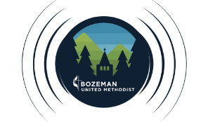 Bozeman United Methodist Church logo with a landscape of blue mountains, green trees, and a cloudy sky.