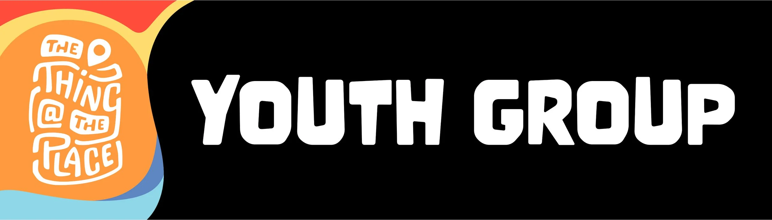 Colorful logo with the phrase 'The @ thing at the place' inside an orange circle and the words 'Youth Group' written in large white letters on a black background.