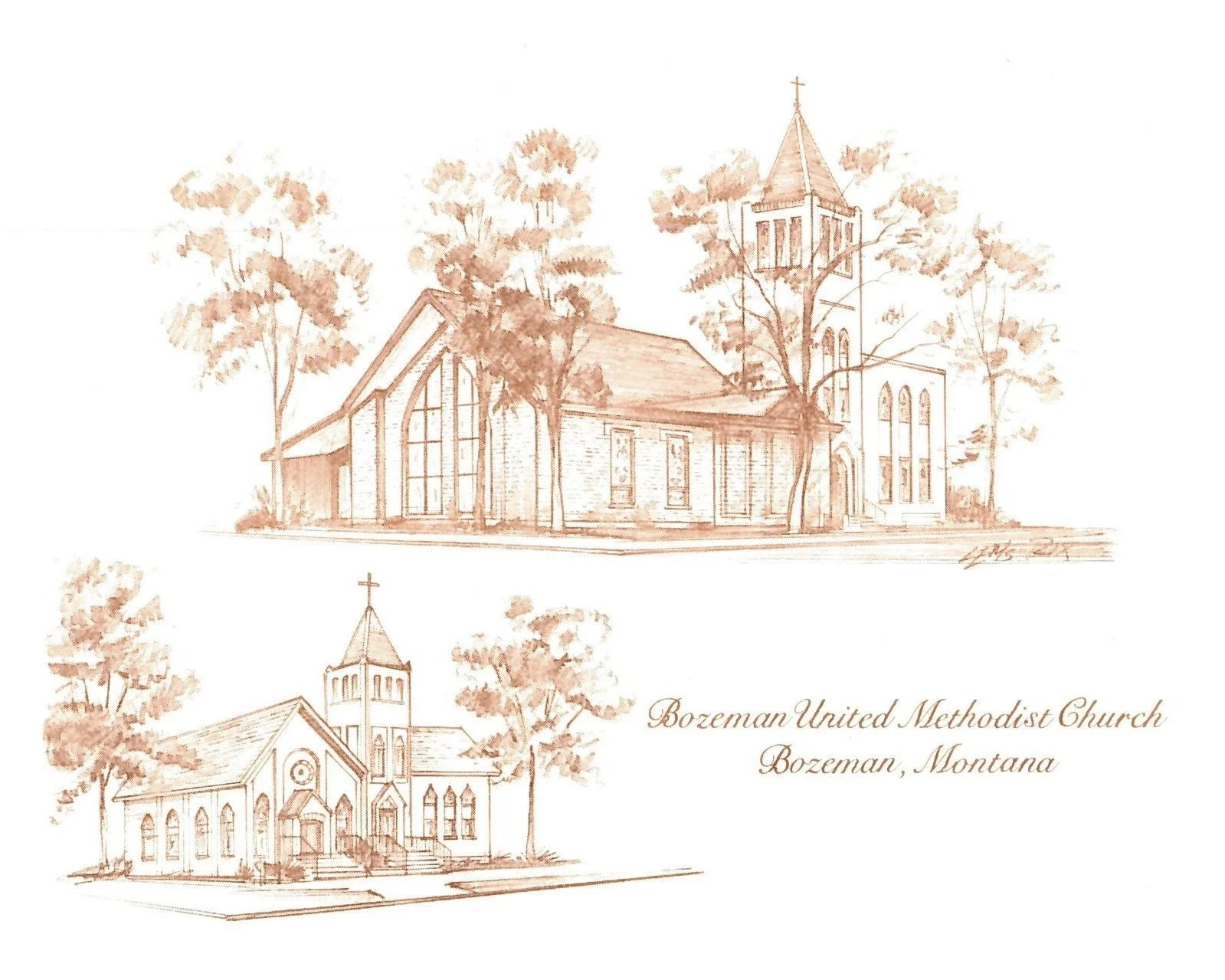 Sketch of Bozeman United Methodist Church in Bozeman, Montana, with trees in the background and text indicating the church's name and location.