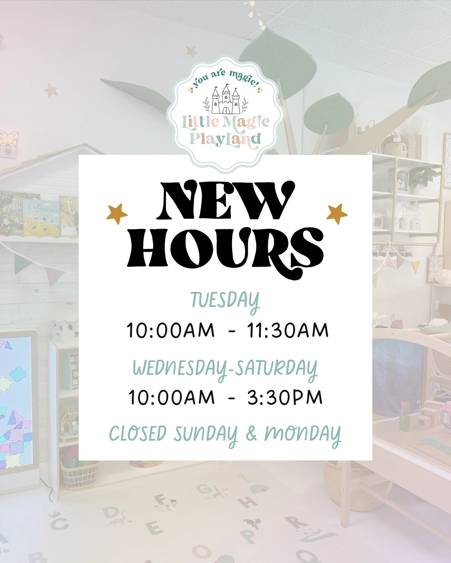 ✨ New Hours Update! ✨ We&rsquo;re now open Tuesday mornings from 10:00&ndash;11:30am 🎉 
 *Please note: we&rsquo;ll now be closed on Sundays.*

We can&rsquo;t wait to see you for more weekday play at Little Magic Playland! 🌈🏰💫