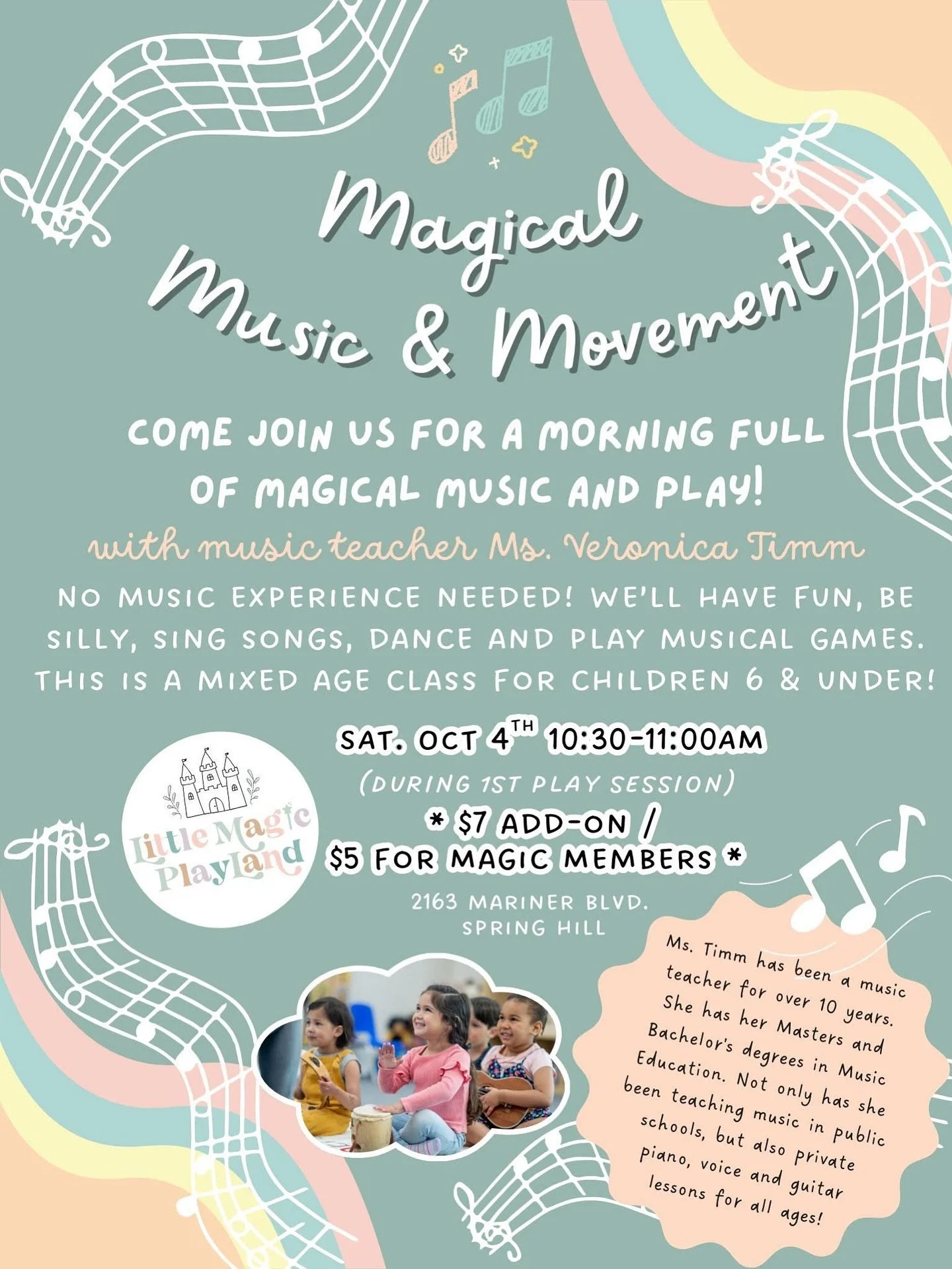 ✨Music class is back on SATURDAY October 4th!✨ Come join us for a morning full of magical music and play! Led by music teacher Ms. Veronica Timm!

No music experience needed! We&rsquo;ll have fun, be silly, sing songs, dance and play musical games. T