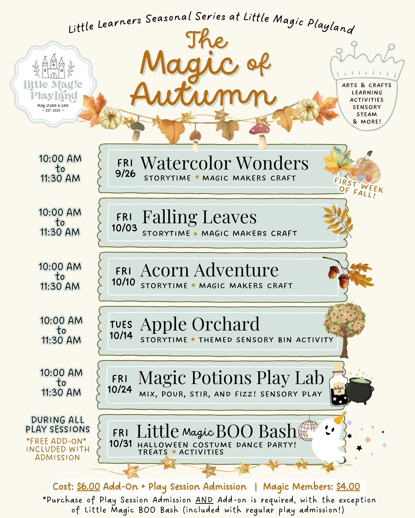 🍂✨ Little Learners: The Magic of Autumn ✨🍂

Celebrate the season with storytime, crafts, &amp; sensory play each week &mdash; sparking curiosity + learning for little ones!

🗓 Here&rsquo;s what&rsquo;s coming up:
🍁 9/26 &ndash; Watercolor Wonders