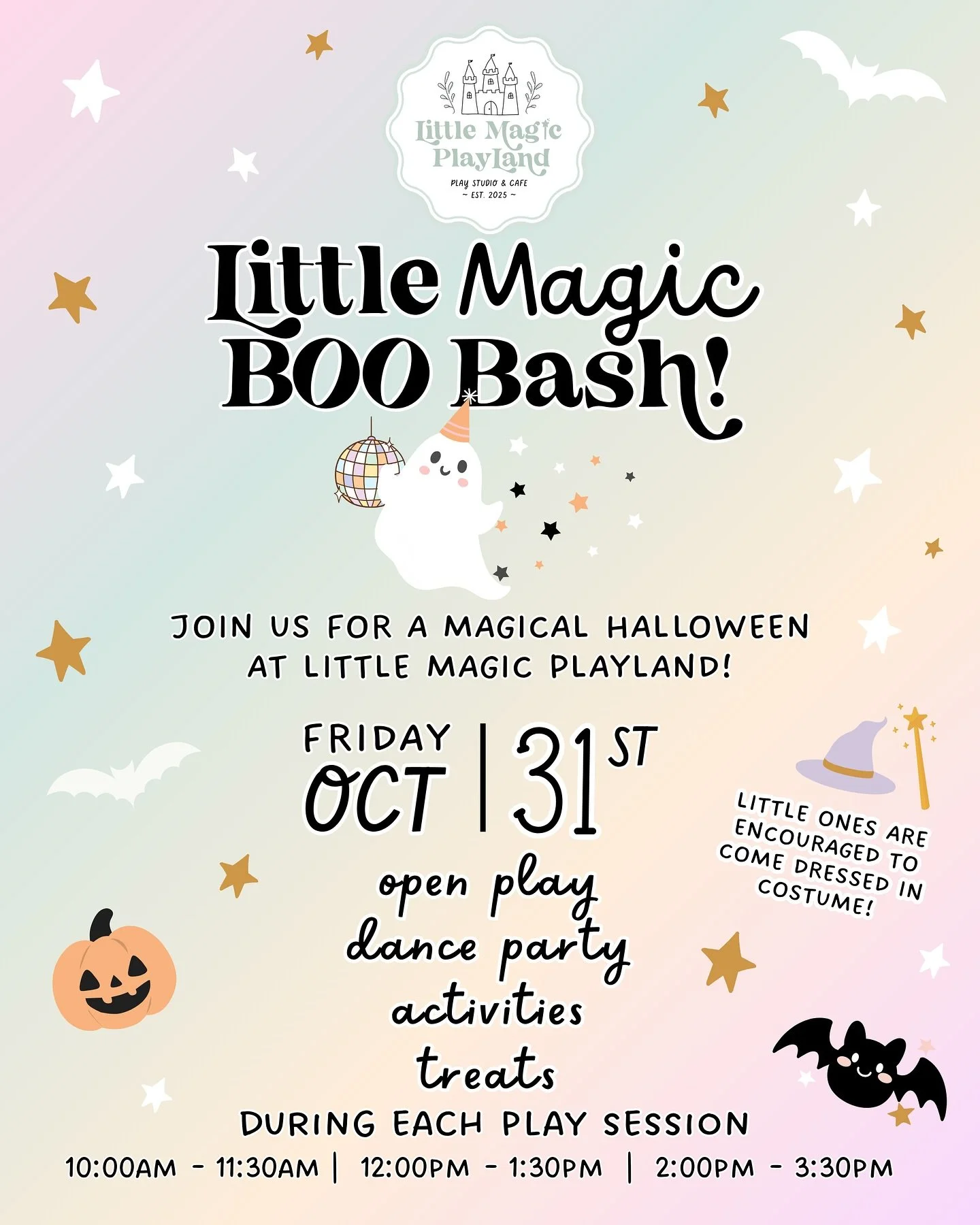 👻🪩✨Little Magic BOO Bash!✨🪩👻
Join us for a magical Halloween party! Come in costume and enjoy treats, activities, and dancing under the disco ball with glowing disco lights! Included FREE with your play admission during all play sessions on Frida