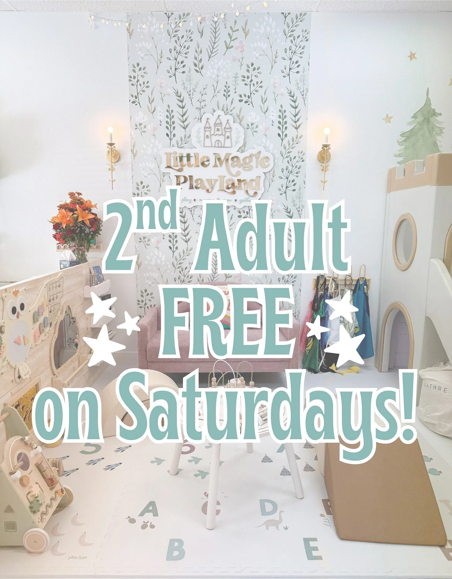 ✨ Saturday Special! ✨
Make your weekend playtime even more magical &mdash; for a limited time, your 2nd adult plays FREE every Saturday! 🌈💫

Bring a partner, friend, or grandparent and enjoy a day of fun, laughter, and connection together at Little