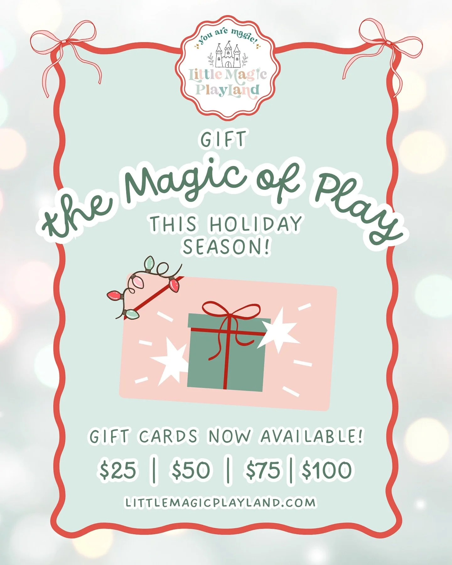 ✨ Gift the magic of play this holiday season!✨
Looking for a magical gift for the little ones in your life? We&rsquo;ve got you covered 🥰 Our gift cards are now available in $25, $50, $75, and $100! 🎁 Visit our website or stop by the play studio to