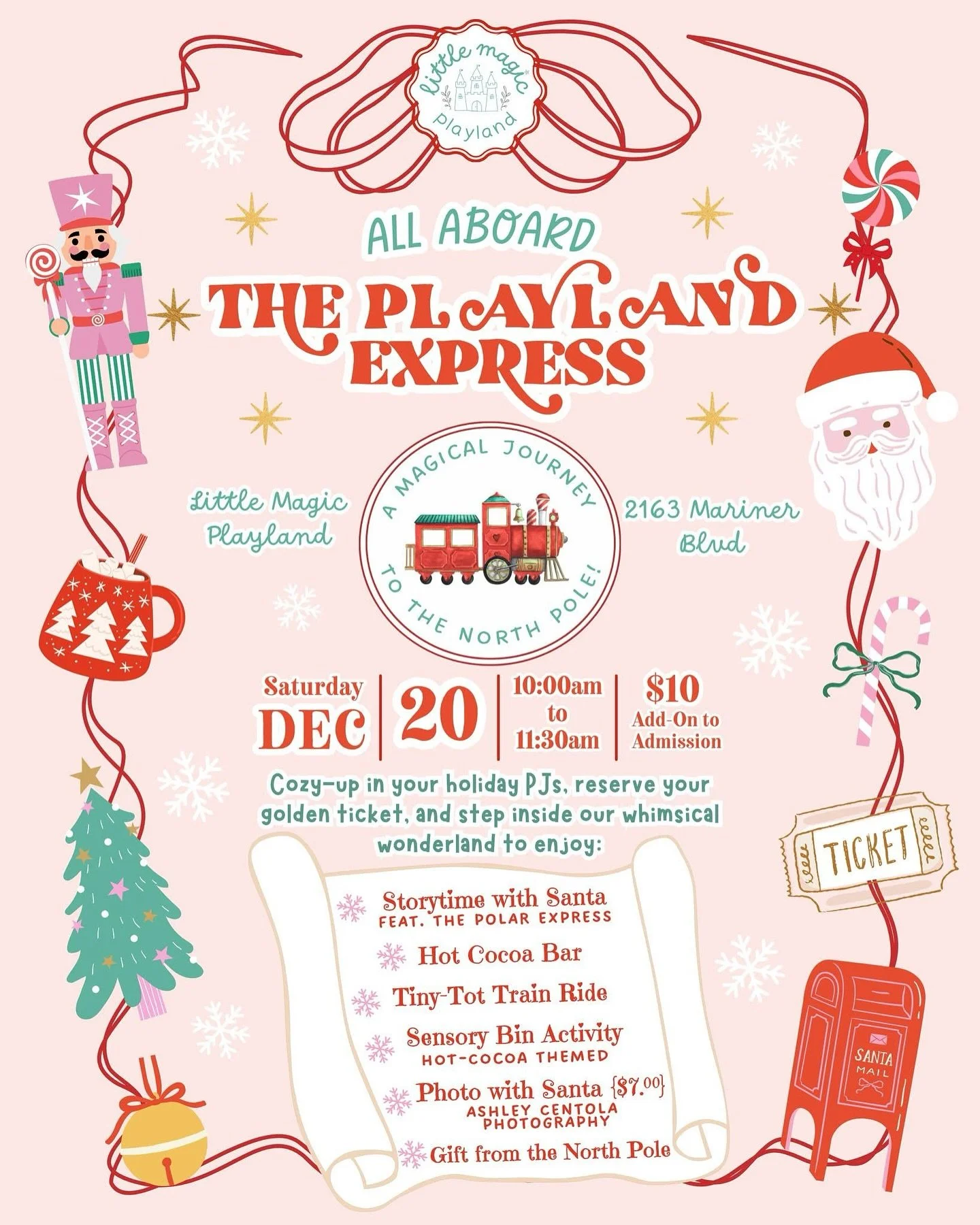 ✨ All Aboard the Playland Express! ✨ Join us for a magical journey to the North Pole on Saturday, December 20th from 10:00&ndash;11:30 AM ❄️🚂🎅🏼🎄💫🤩

Cozy-up in your holiday PJs, reserve your Golden Ticket, and step inside our whimsical winter wo