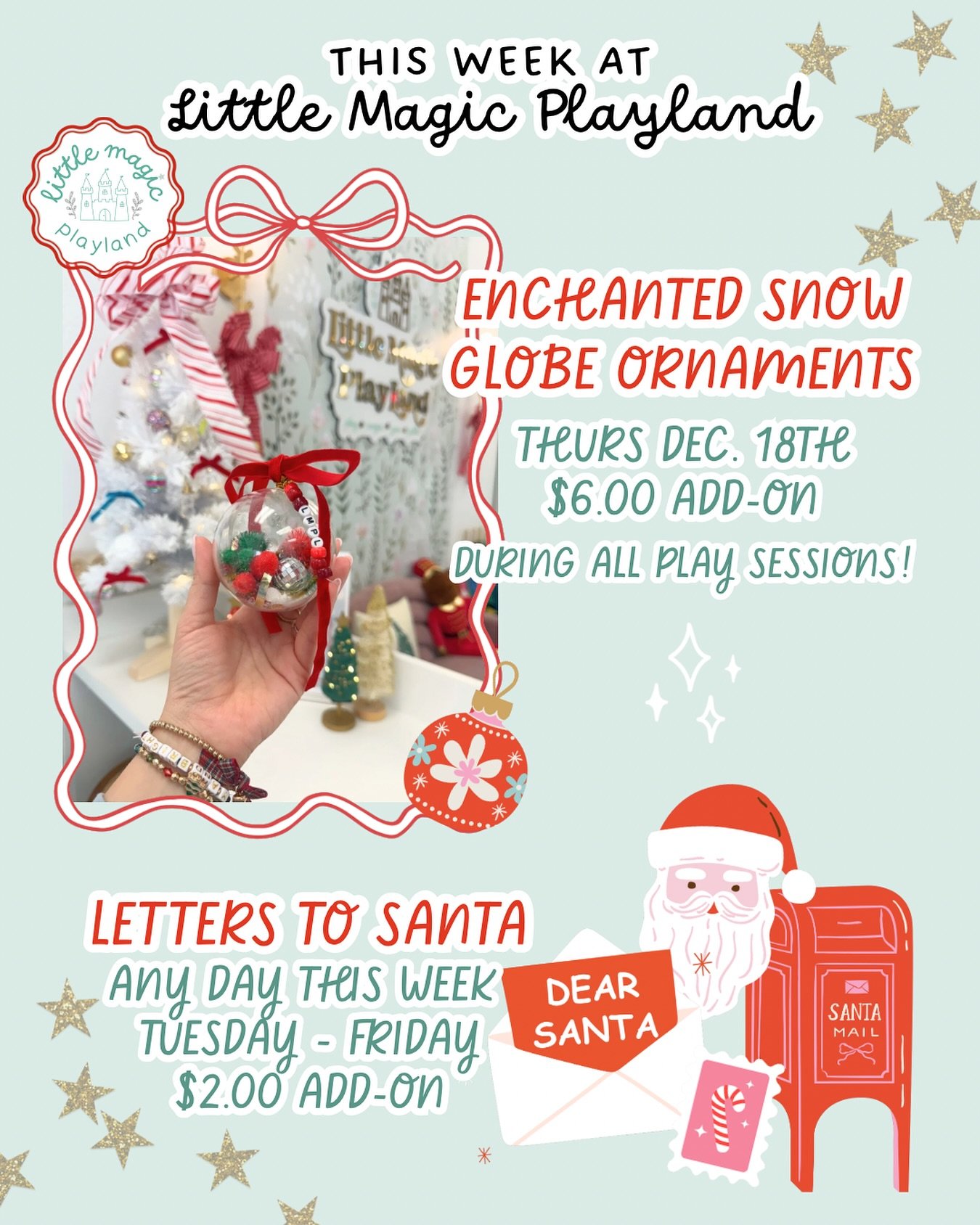 Our activities this week at Little Magic Playland! ⬇️
✨Make-Your-Own Enchanted Snow Globe Ornament✨
Little ones can fill their bauble with festive tiny treasures such as pom-poms, mini disco balls, sisal trees, faux snow, sequins, and mini jingle bel