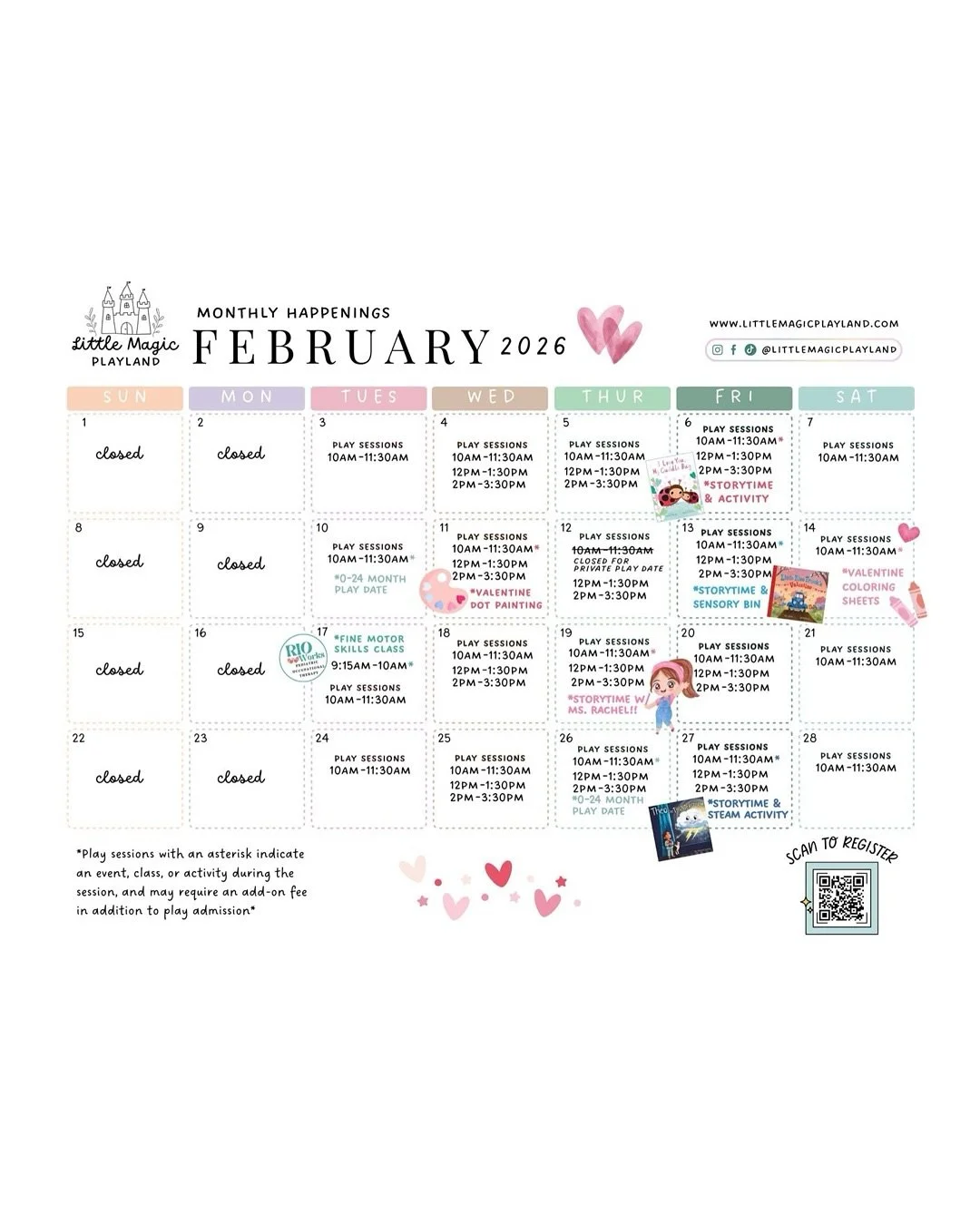 Hi friends! Here is our calendar for February! We have lots of fun things planned! 😊 Hope to see you there! 🌈 🏰🌿💫