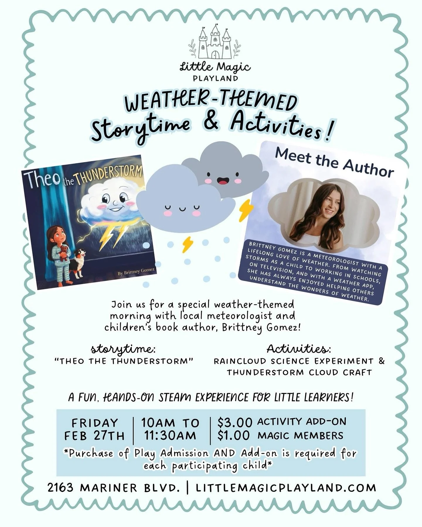 Friday, February 27
Weather-Themed Storytime &amp; STEAM Activities
🕙 10:00am &ndash; 11:30am
Join us for a special weather-themed morning with local meteorologist and children&rsquo;s book author, Brittney Gomez!
Little ones will gather for storyti