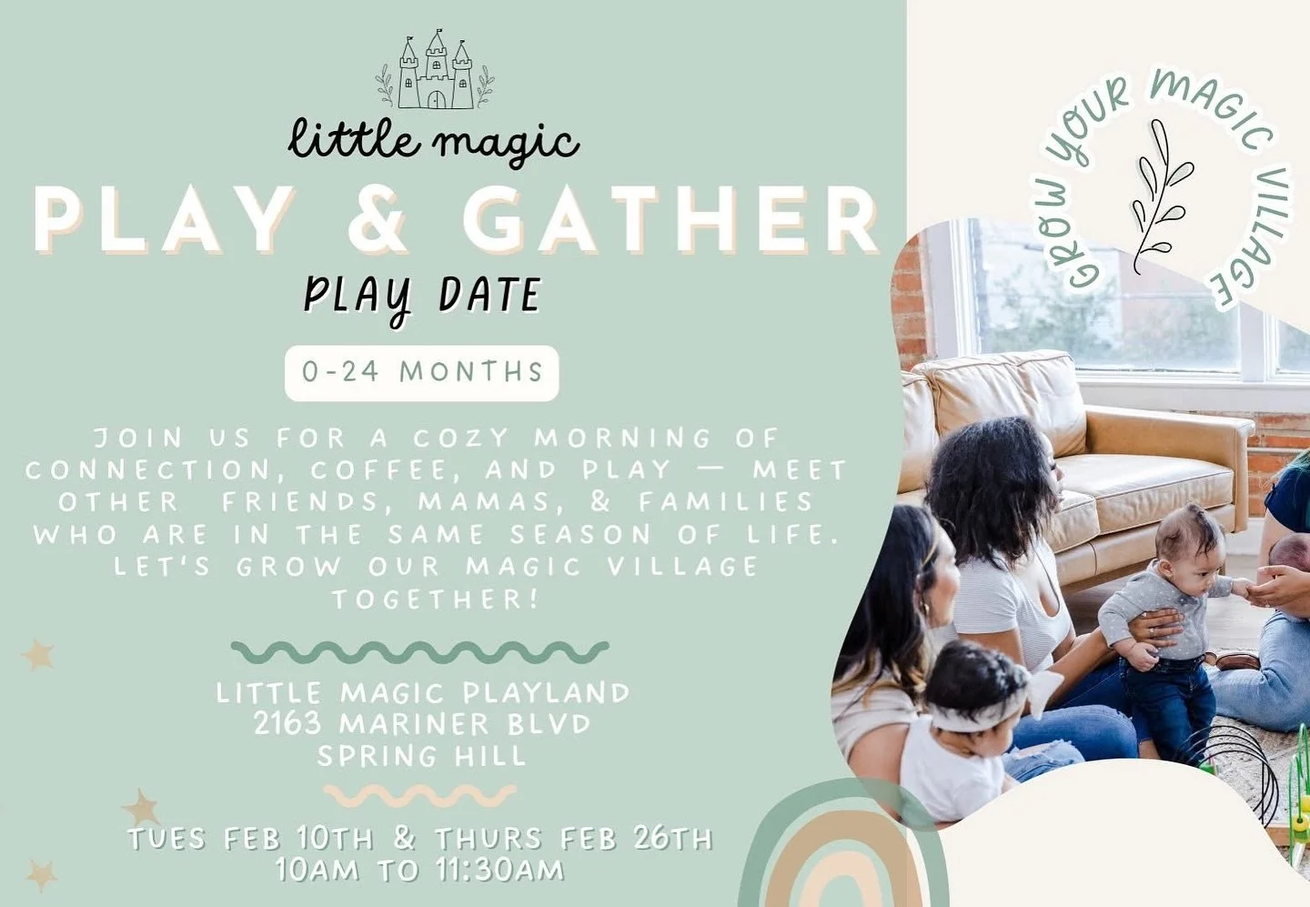 Hey friends! Our next 0&ndash;24 month play date is tomorrow (2/26) during our 10:00&ndash;11:30am play session 😊 We still have a few spots left and would love to see you there! 🌈🏰🌿💫☕️