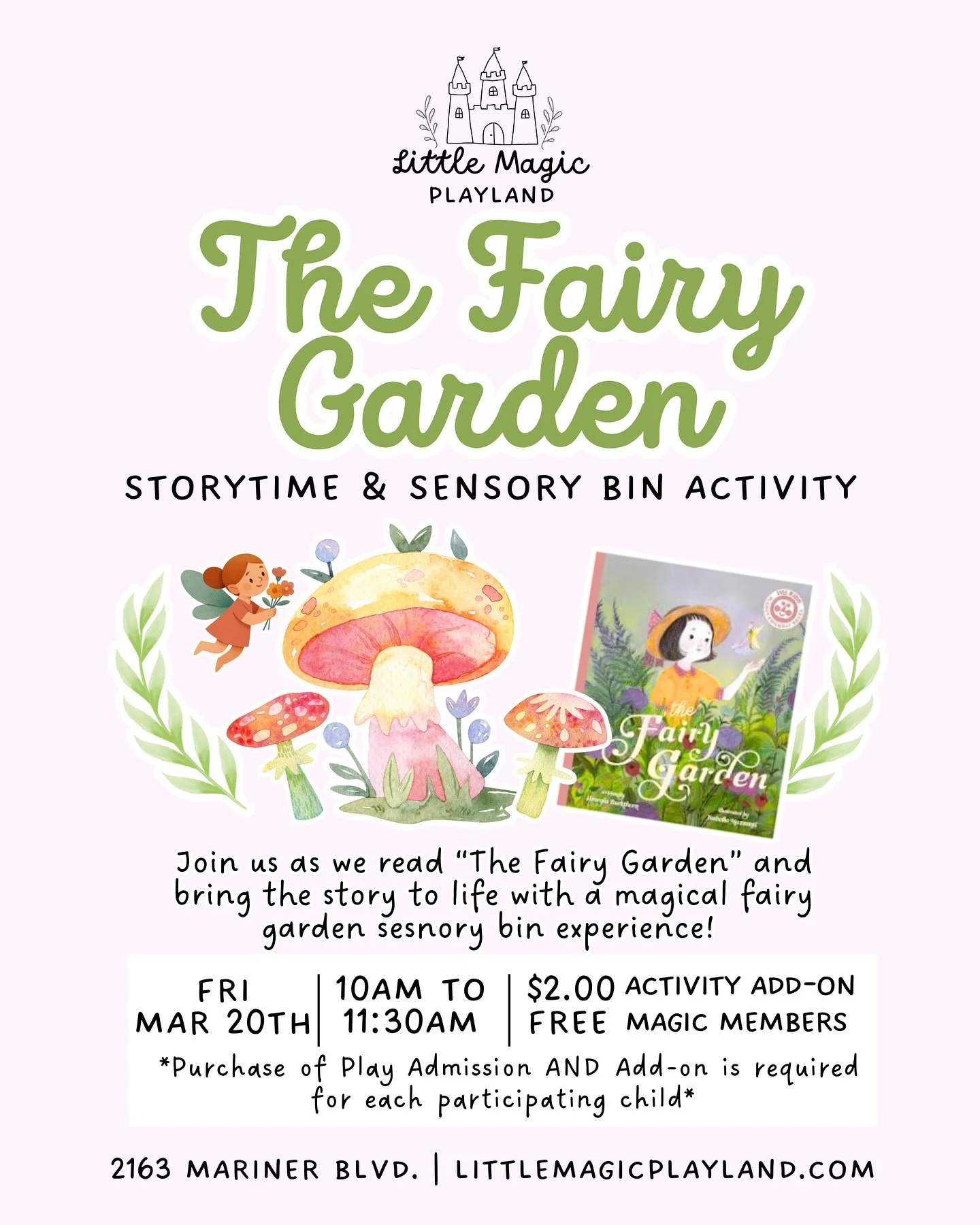 Join us this Friday, March 20th, as we read &ldquo;The Fairy Garden&rdquo;, and bring the story to life with a magical fairy garden sensory bin experience! 🌿🧚💫🍄 Reserve your spot at the link in our bio! 💛 

Fri March 20th
10am-11:30am

$2.00 Act
