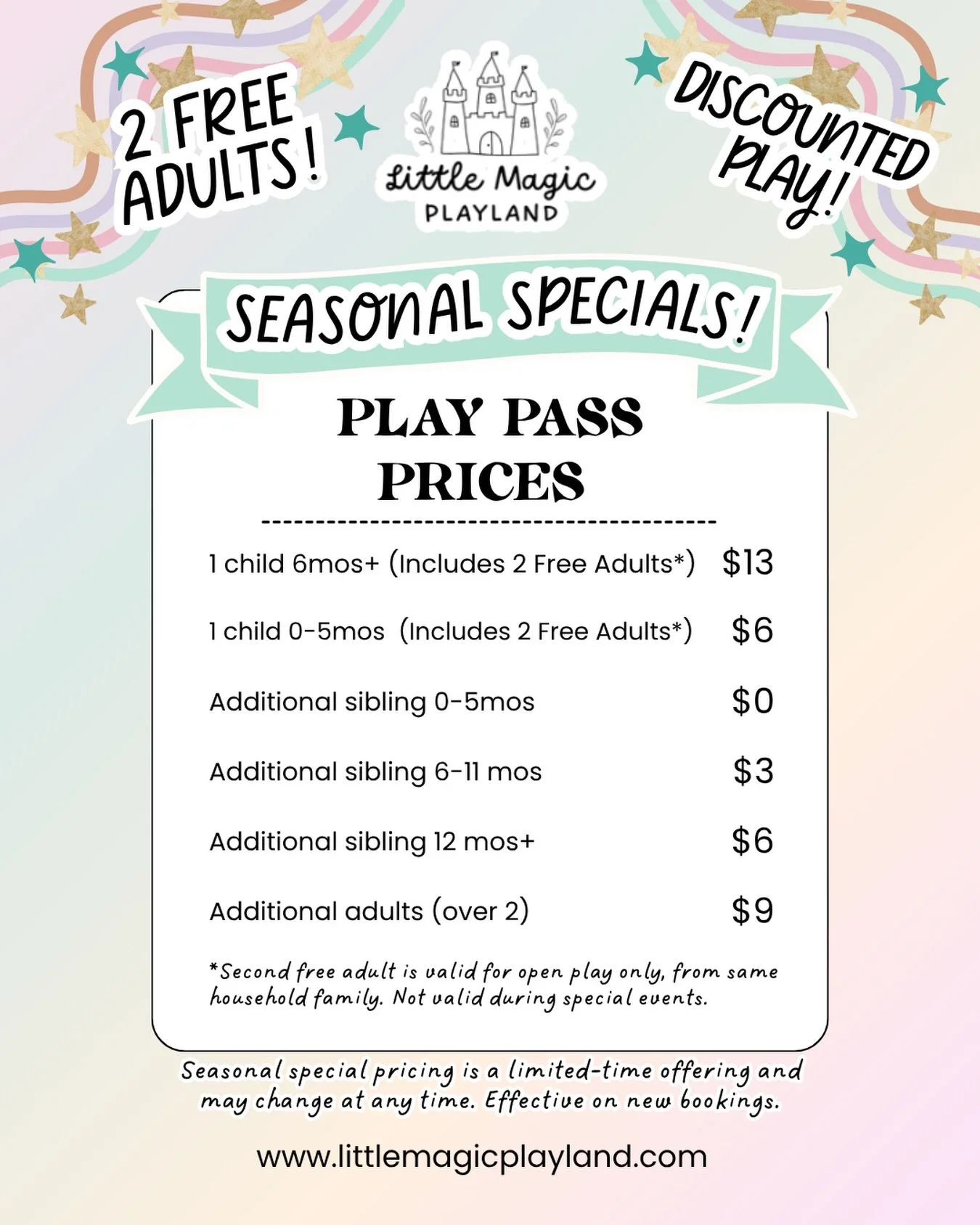 A little gift from us to you 🫶🥰🌈🏰🌿💫

We&rsquo;re welcoming the season with something magical! 🌿 Discounted play pass admission ☀️ TWO FREE adults per family

Making it even easier to connect and enjoy meaningful play together 💛

This space ha