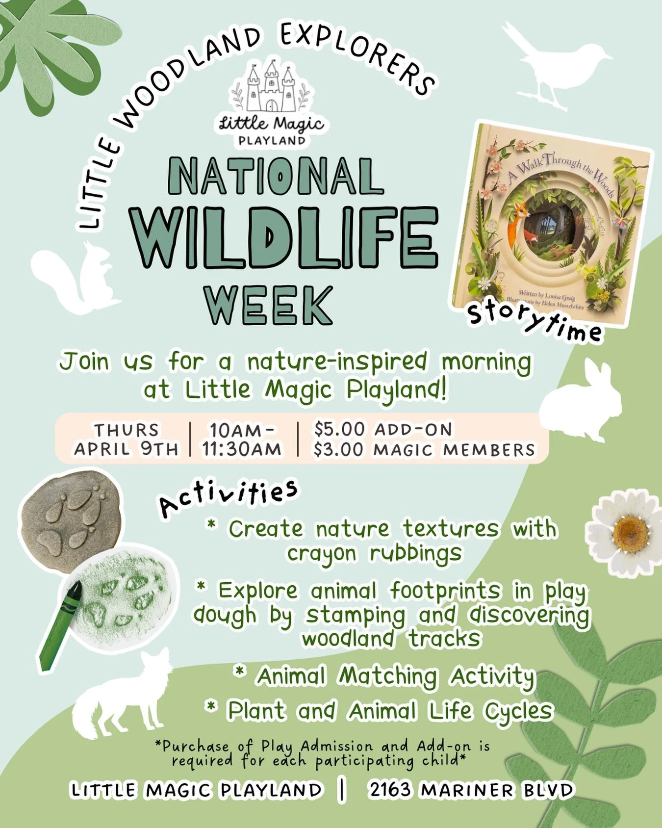 Join us for a nature-inspired morning at Little Magic Playland as we celebrate National Wildlife Week! 🐾🌿🐦&zwj;⬛🐇🦌🐿️🌲

We&rsquo;ll gather for storytime as we read &ldquo;A Walk Through the Woods,&rdquo; a beautifully illustrated story that inv