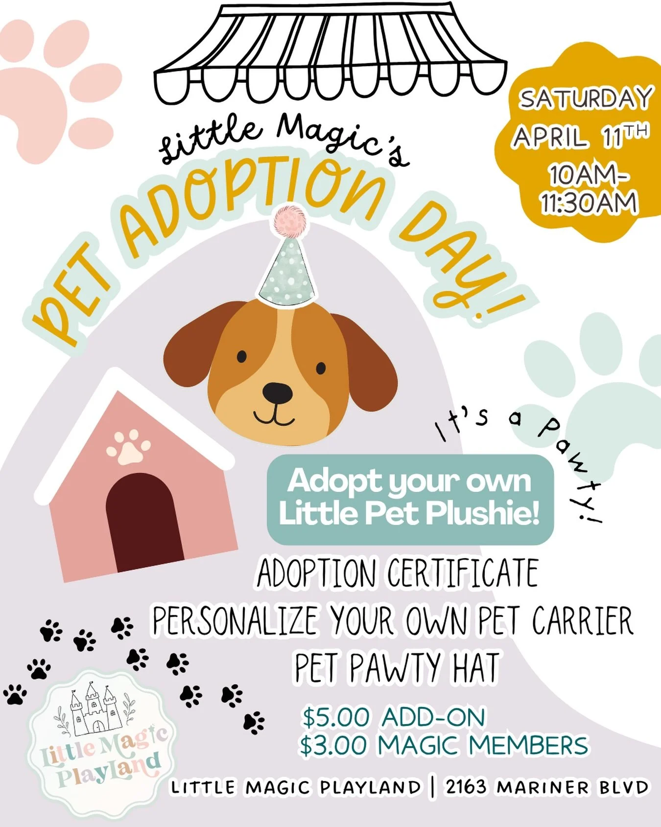 It&rsquo;s a Pawty! Adopt Your Own Little Plush Pet! ✨🎉🐶🐾

Join us for a heartwarming celebration as we honor National Pet Day! 🤍🐶 

Little ones will choose their very own stuffed animal pet to adopt, receive an adoption certificate, and decorat