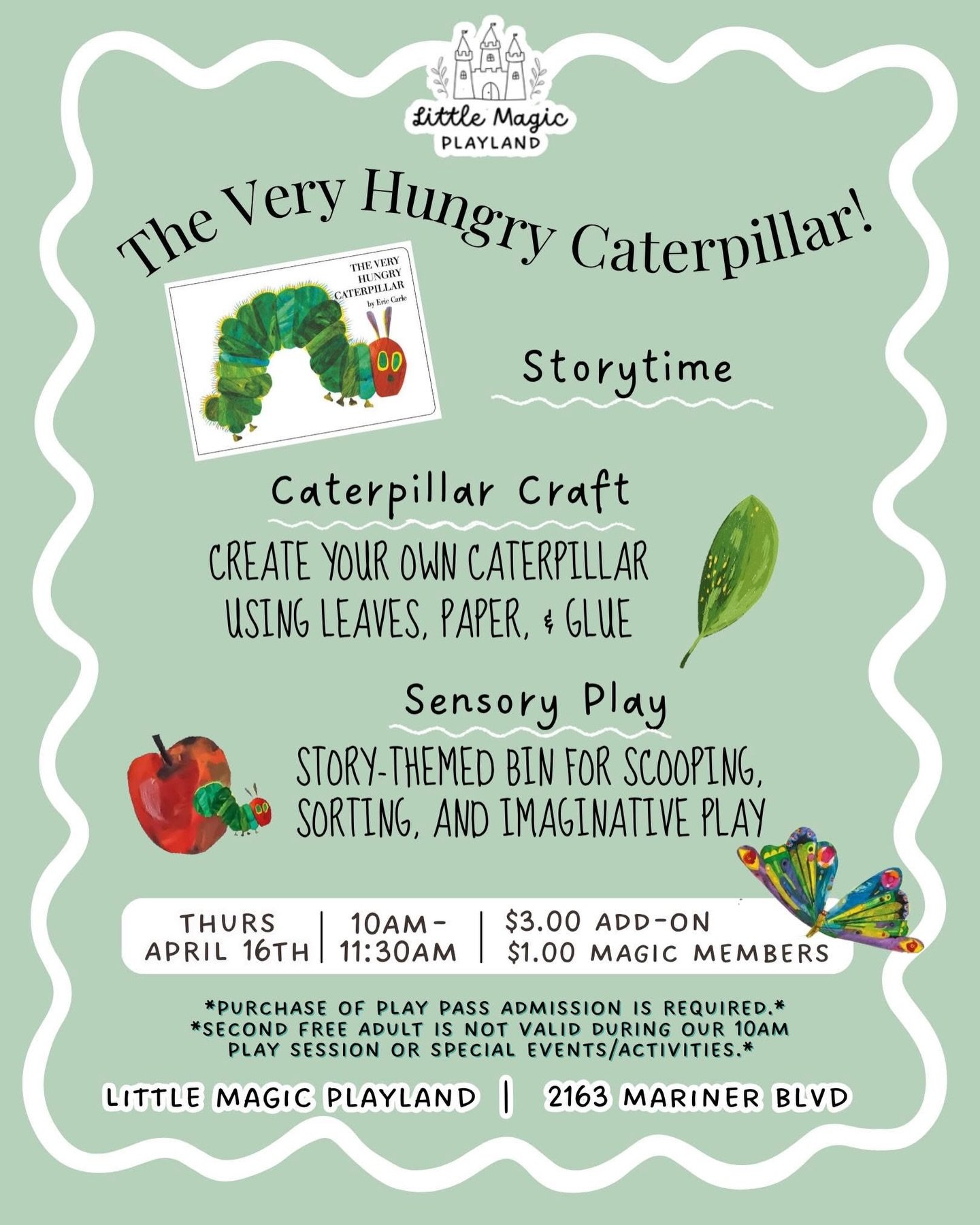 Join us for a playful, story-inspired morning at Little Magic! 🐛🌿✨🦋
We&rsquo;ll be exploring The Very Hungry Caterpillar through gentle storytime, a simple nature-inspired craft, and a thoughtfully curated sensory experience designed for little ha
