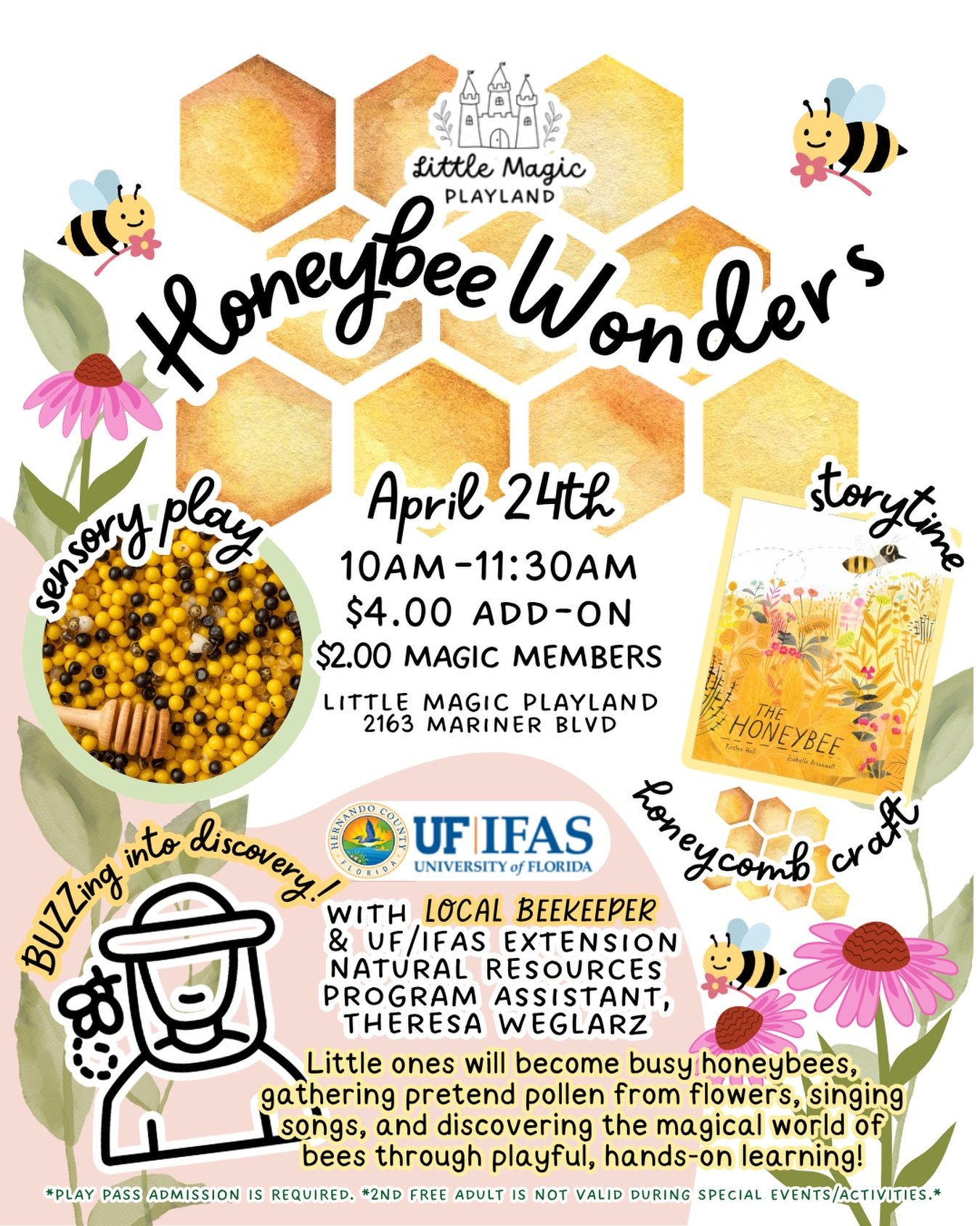 🐝🌼 Honeybee Wonders ~ Buzz into a Morning of Discovery!

Join us for a very special morning at Little Magic as we welcome Ms. Theresa, a local beekeeper and Natural Resources Program Assistant with UF/IFAS Extension Hernando County! 🧡💙

This imme
